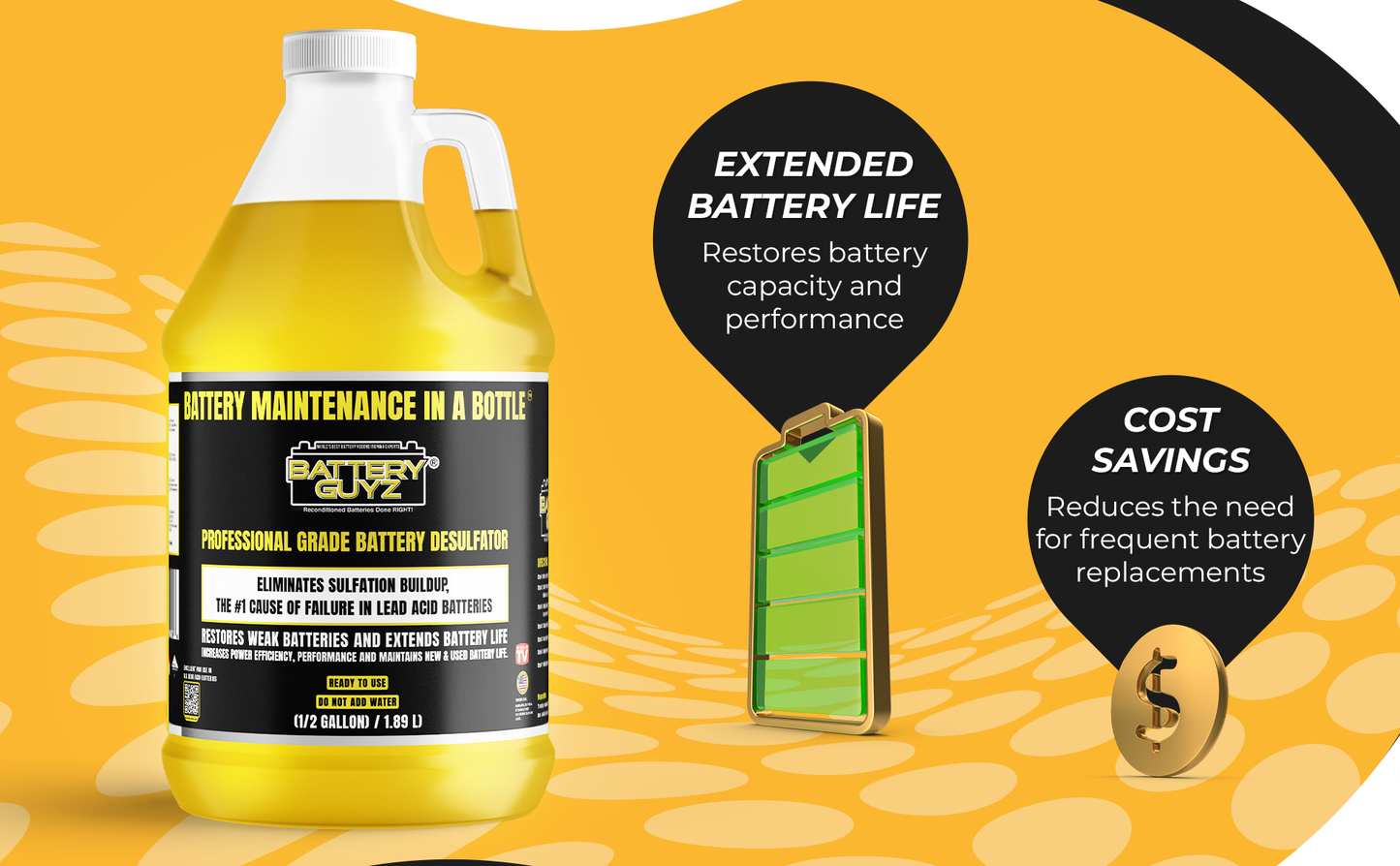 Desulfator to Extend and Renew Battery Life - Golf Cart Batteries, Motorcycles, Lawnmowers, Snowmobiles, Jet Skis - 48v/12v/8v/6v and All Lead Acid Batteries - 1/2 Gallon (1.90 L), As Seen On TV